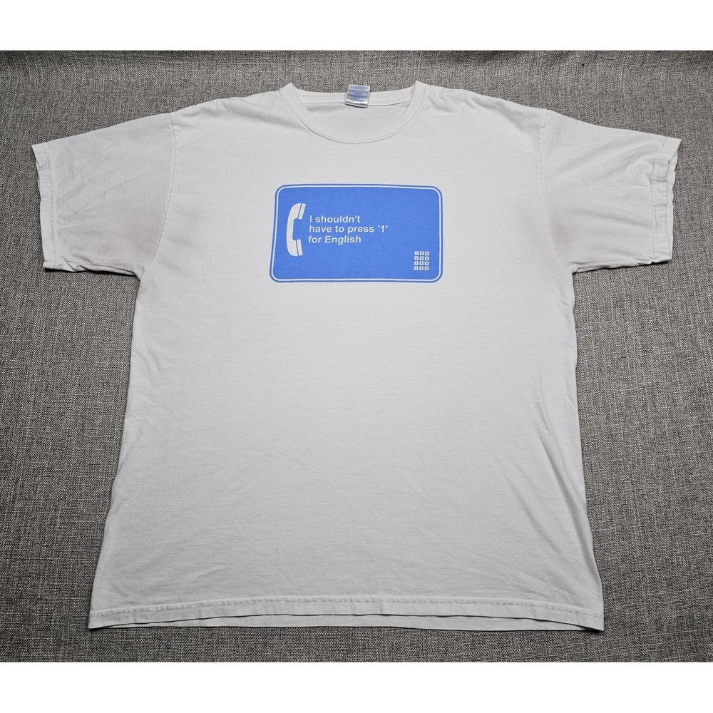 Press 1 for English Shirt Mens XL White Short‎ Sleeve Funny Graphic Slogan Tee